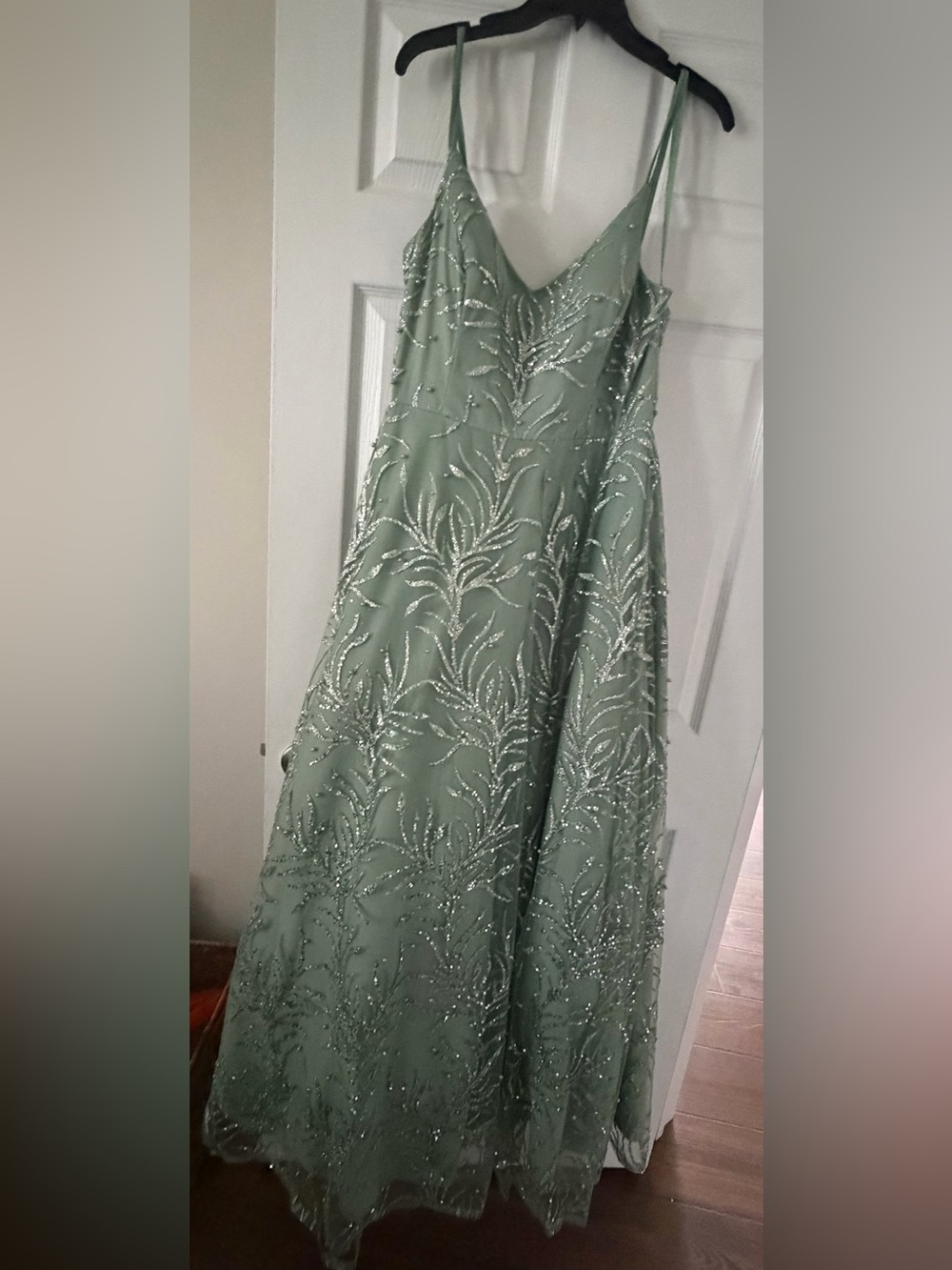 Macy's Sage Green Beaded Spaghetti Strap Prom Dress